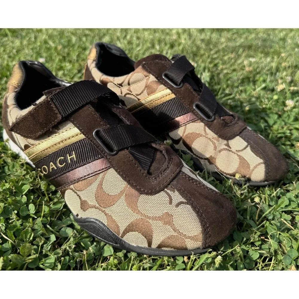 Coach Women's Signature Canvas Hook & Loop Sneakers Brown Khaki Logo Shoes